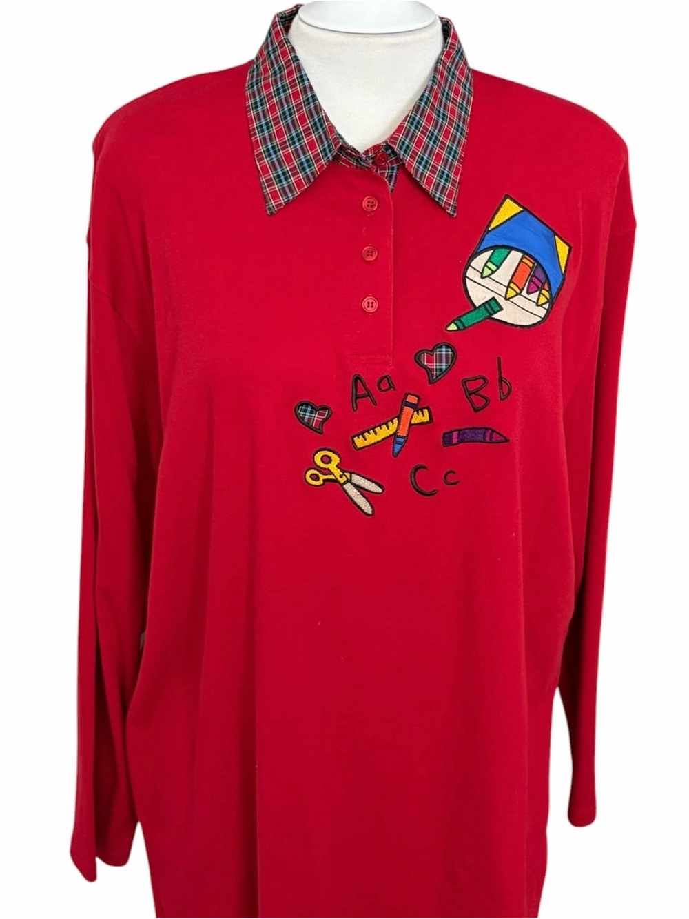 vintage Karen Scott 90s embroidered clothing, such as "Teacher" or "School"